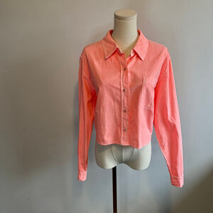 Universal Thread Women's Cropped Cotton Linen Long Sleeve Button Down, Coral L